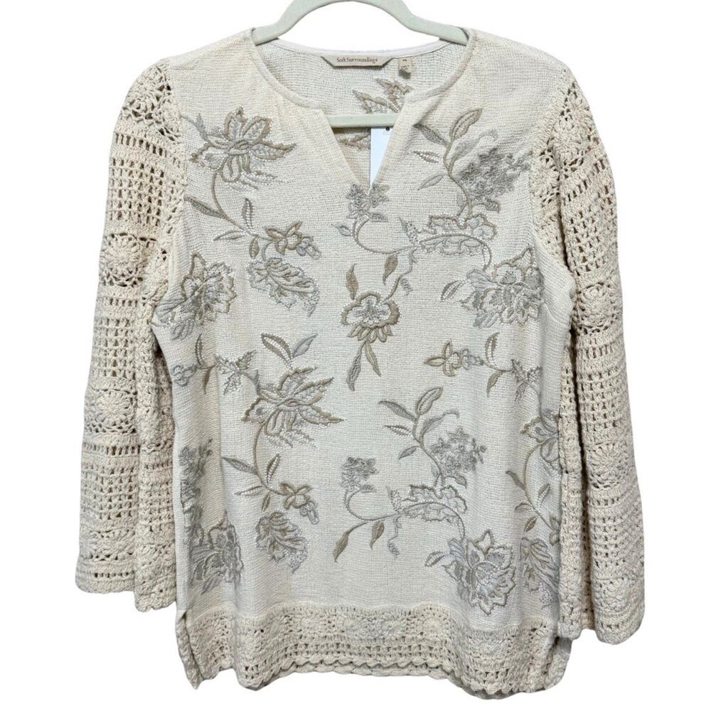 Soft Surroundings LINA CROCHET SWEATER Size PS Cream Mixed Media Embroidery NEW